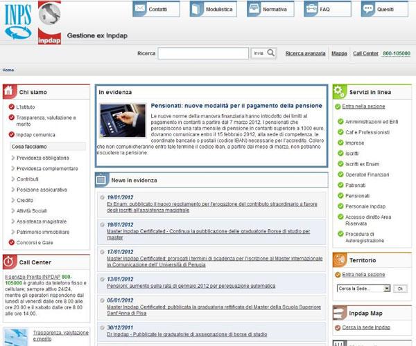 Prima pagina sito internet www.inpdap.it 19 gennaio 2012